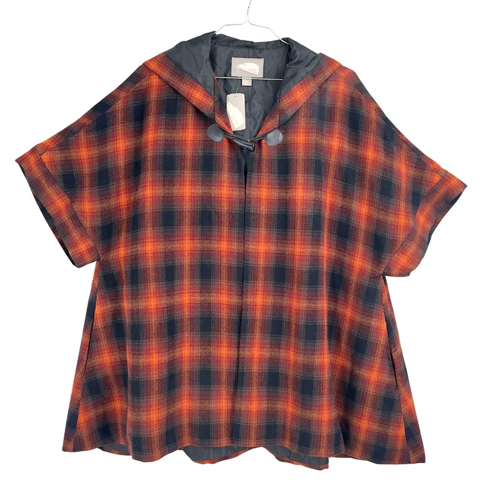 NWT Love 21 Womens L Hooded Cape Poncho Rust Plaid Wool Blend Dark Academia